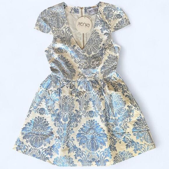 NWT Xenia Boutique Blue Damask Mini Dress V-Neck Fit & Flare -‎ Size 2 - Picture 1 of 8
